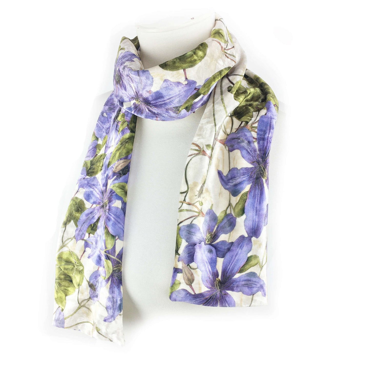 Clematis,Velour Scarf,Womans scarf,Periwinkle,Blue scarf,All season scarf,Lightweight scarf,Hand painted scarf,Ladies scarf,Botanical scarf