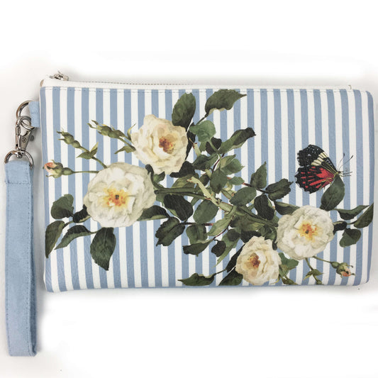 Blue & White Stripe Rose Vegan Leather Wristlet,Clutch,Ladies handbag,Botanical handbag,Flower handbag,Floral clutch,madeinUSA