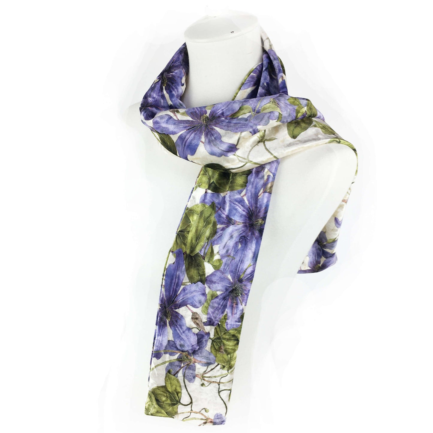 Clematis,Velour Scarf,Womans scarf,Periwinkle,Blue scarf,All season scarf,Lightweight scarf,Hand painted scarf,Ladies scarf,Botanical scarf
