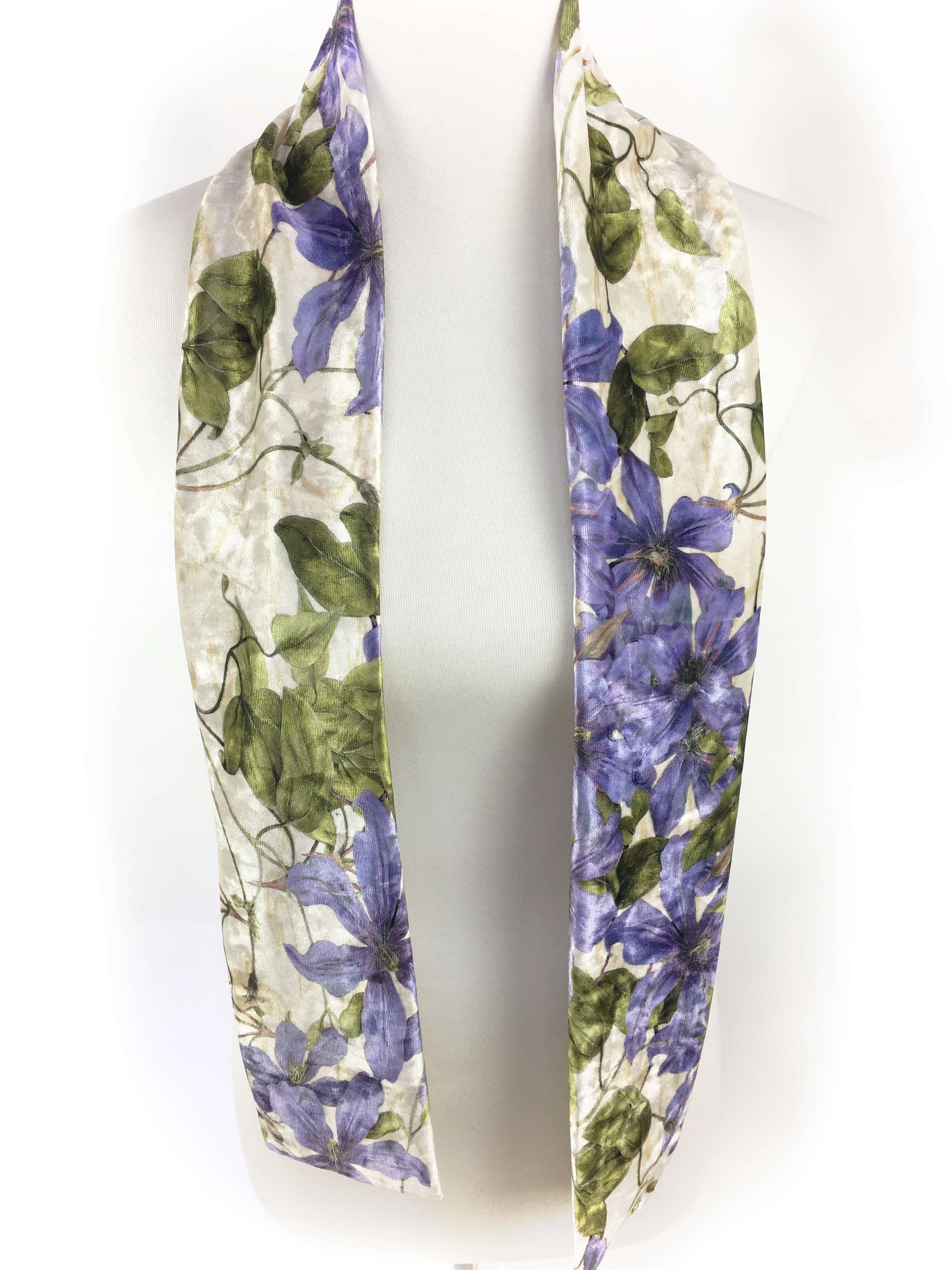 Clematis,Velour Scarf,Womans scarf,Periwinkle,Blue scarf,All season scarf,Lightweight scarf,Hand painted scarf,Ladies scarf,Botanical scarf