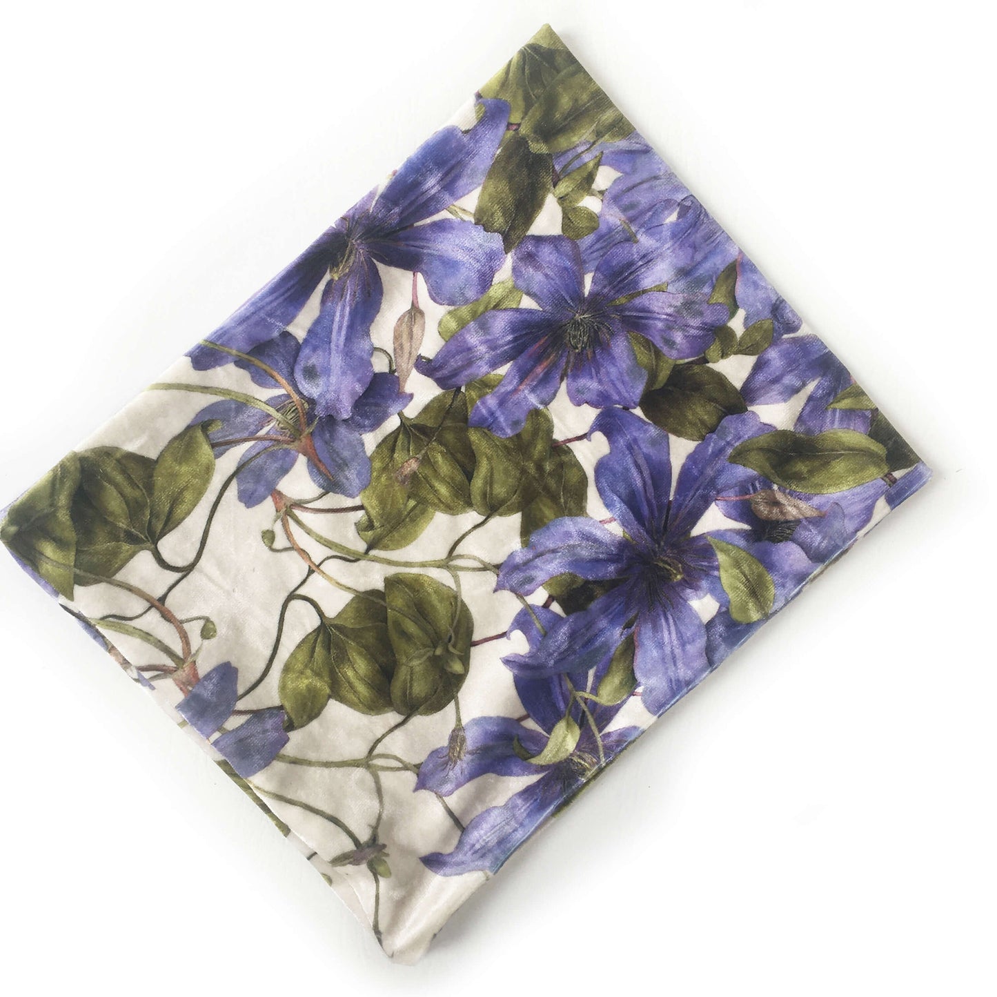 Periwinkle Clematis, Versatile Scarf, Headband, HatBand, Neck Warmer, Ladies Scarf, Velour Scarf, Designer Gaiter, Handpainted and printed