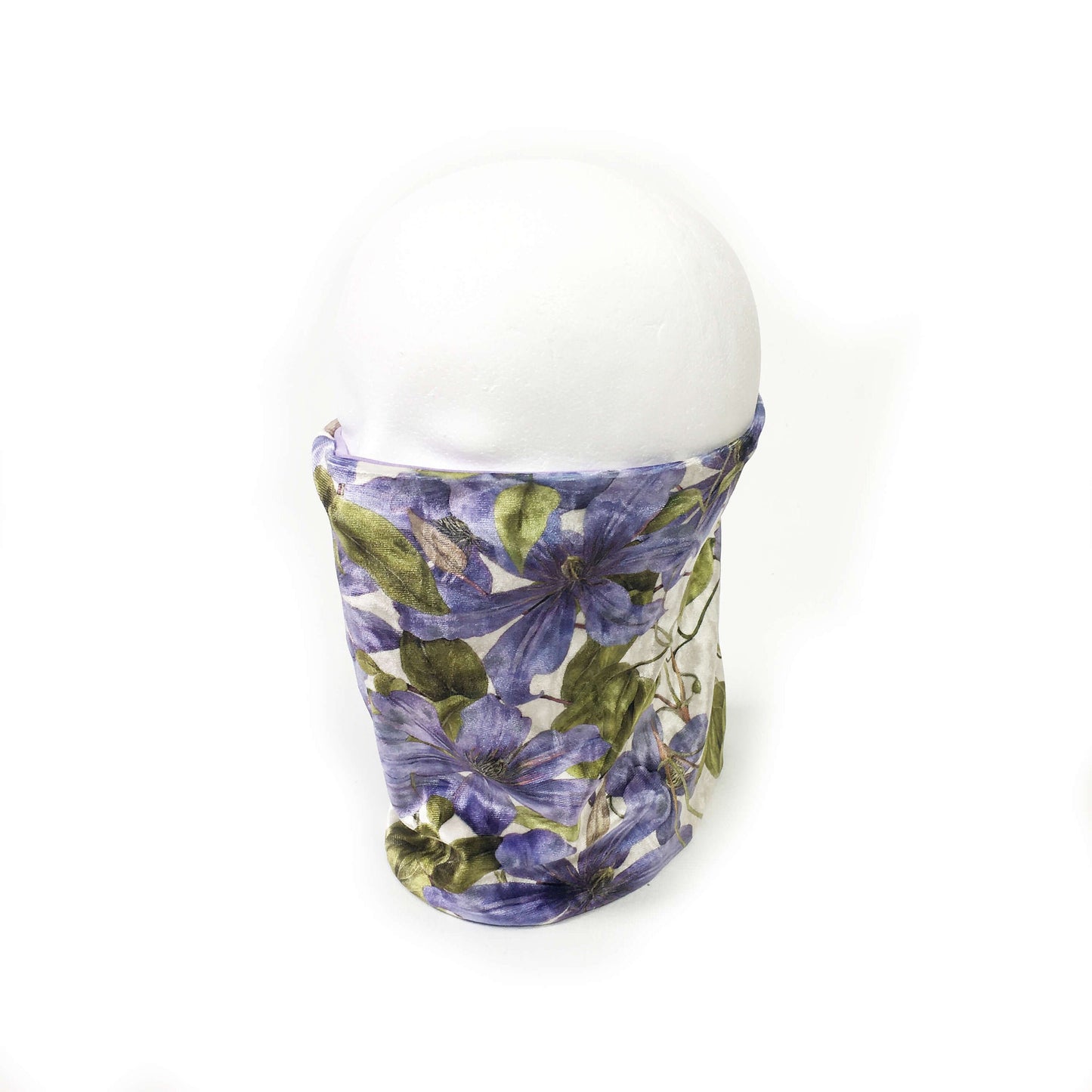 Periwinkle Clematis, Versatile Scarf, Headband, HatBand, Neck Warmer, Ladies Scarf, Velour Scarf, Designer Gaiter, Handpainted and printed