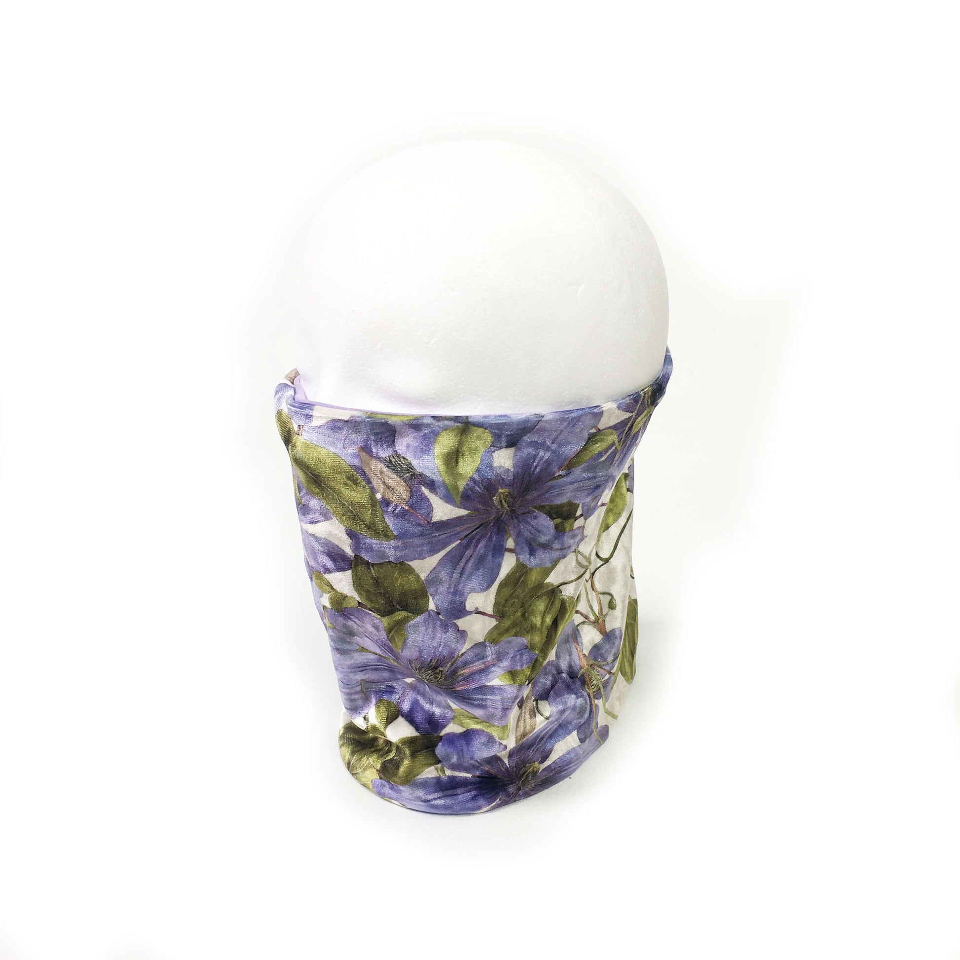 Periwinkle Clematis,  Versatile Scarf, Headband, HatBand, Neck Warmer, Ladies Scarf, Velour Scarf, Designer Gaiter, Handpainted and printed