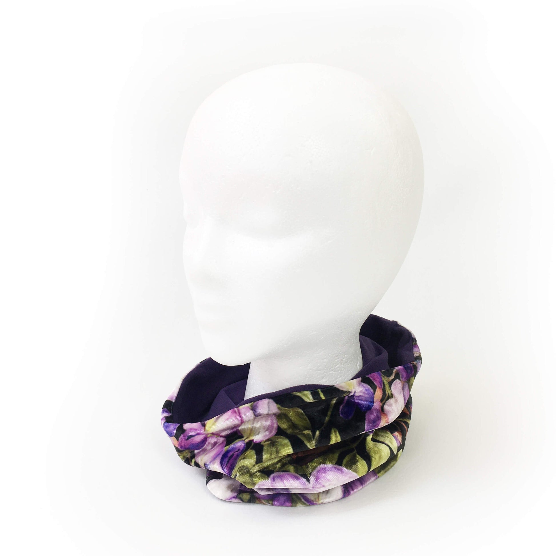 Wisteria, Versatile Scarf, Headband, HatBand, Neck Warmer, Ladies Scarf, Velour Scarf, Designer Gaiter, Handpainted and printed