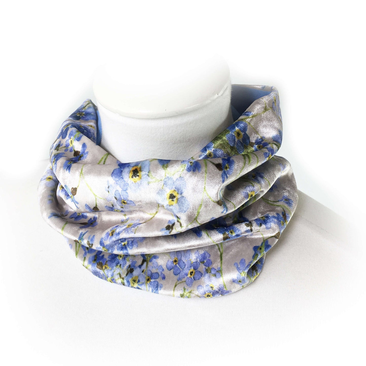 Forget-Me-Nots, Versatile Scarf, Headband, HatBand, Neck Warmer, Ladies Scarf, Velour Scarf, Designer Gaiter, Handpainted and printed
