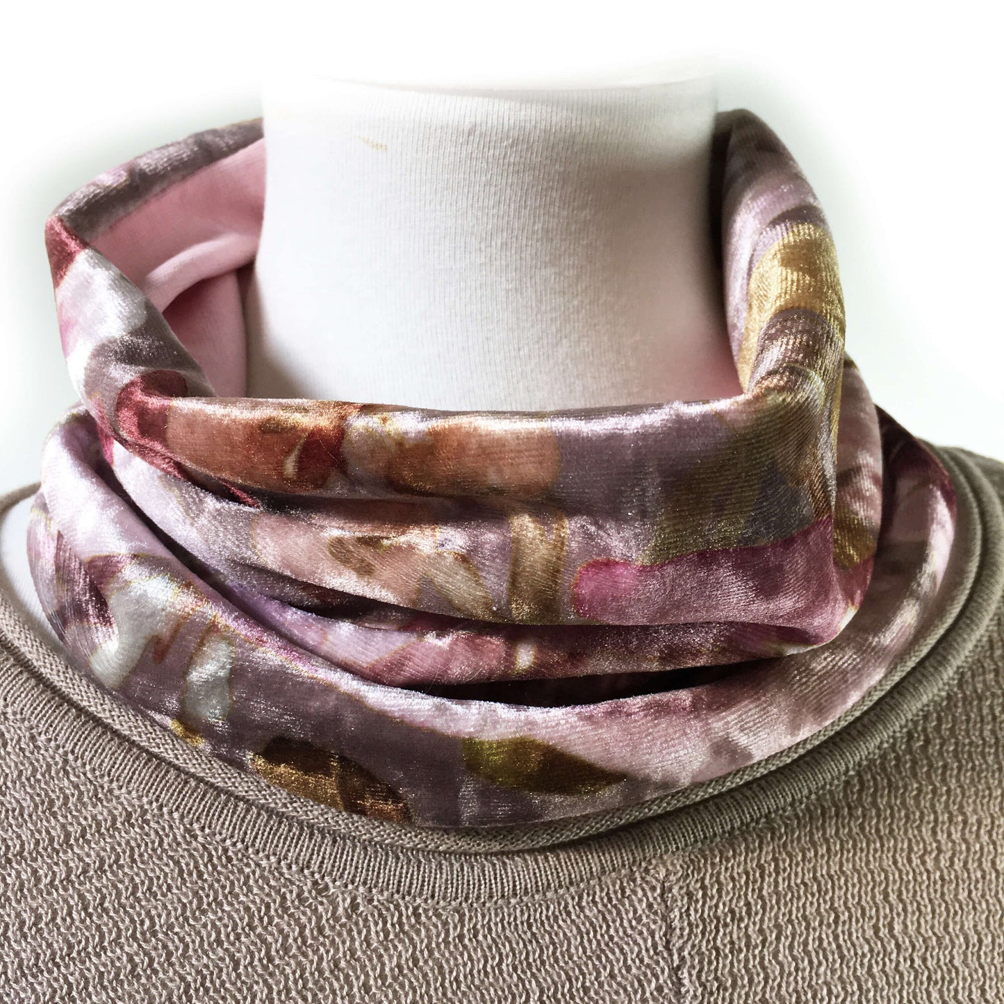 Taupe/Pink Mauves, Womans Cowl Scarf, Neck Warmer, Face Cover, Headband, HatBand, Designer Gaiter, Washable, Ladies Scarf, Velour,Face Mask