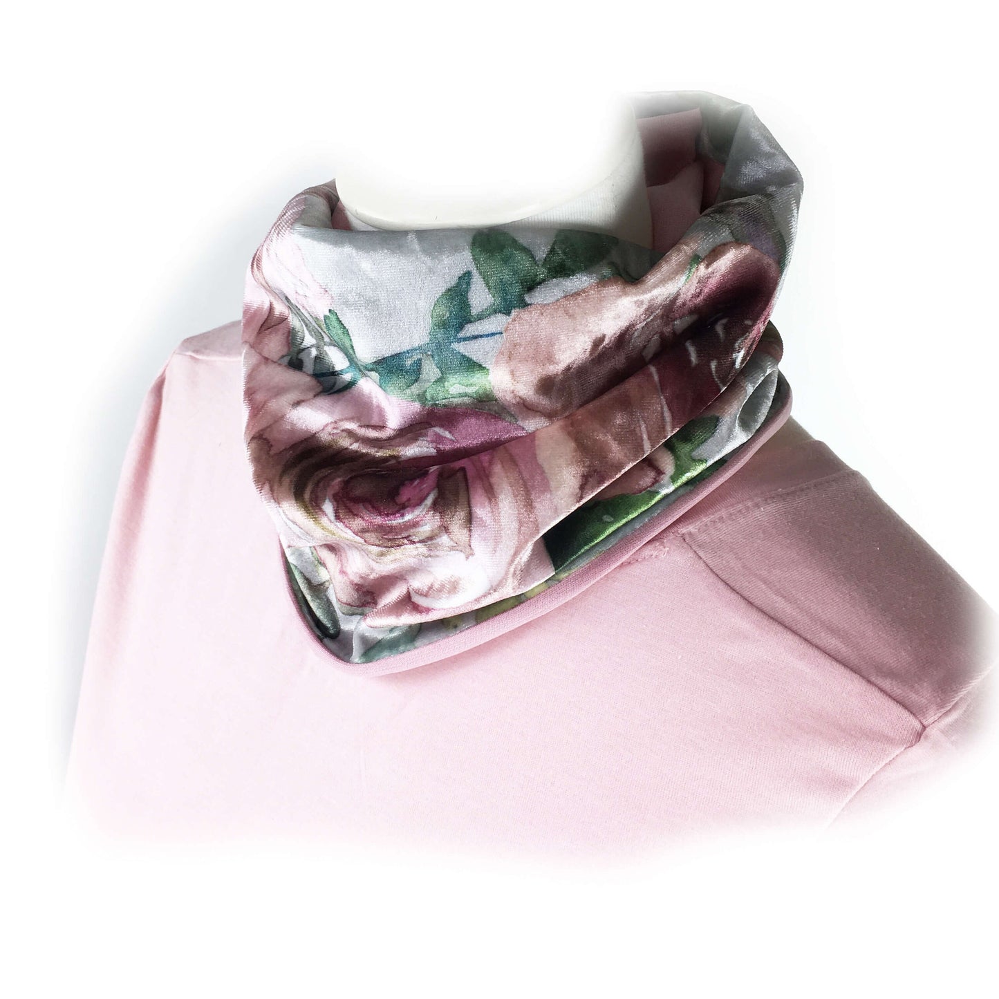 Pink Rose Watercolor, Versatile Scarf, Headband, HatBand, Neck Warmer, Ladies Scarf, Velour Scarf, Designer Gaiter, Handpainted and printed