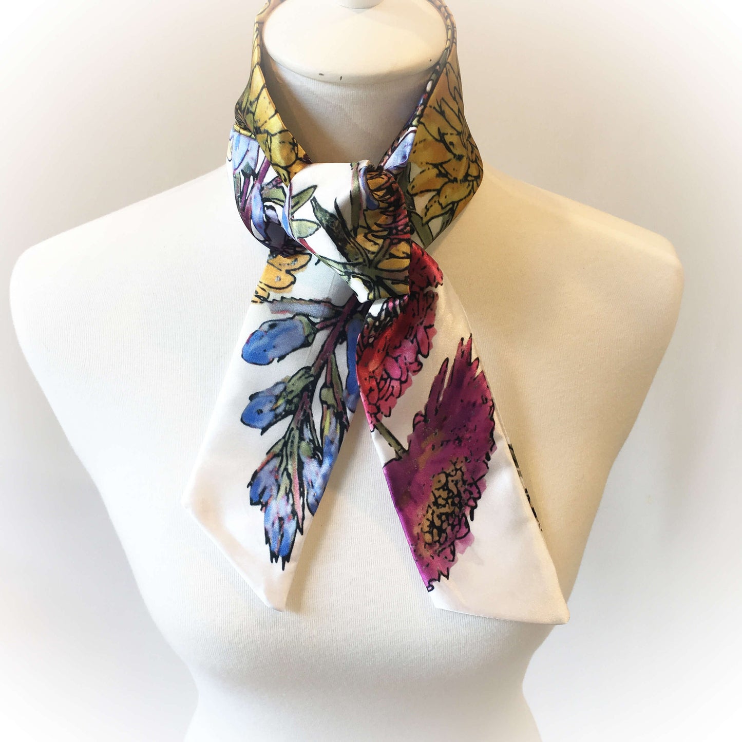 Ink & Watercolor Scarf,Skinny Scarf,Woman Scarf,All season scarf,Lightweight Scarf,ladies scarf,artist scarf,painted scarf,satin tie scarf