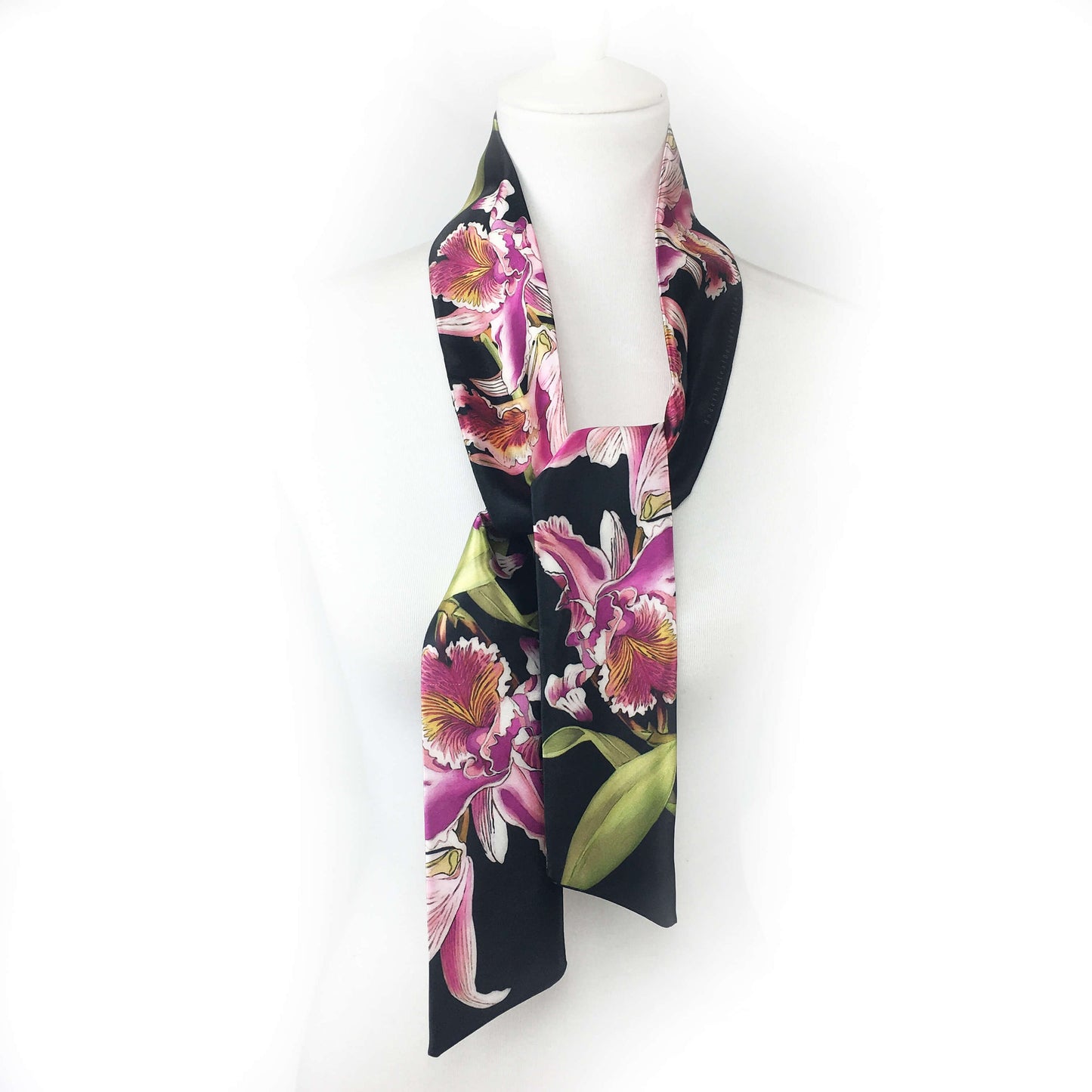 Orchids on Black,Skinny Scarf,Woman Scarf,All season scarf,Lightweight Scarf,ladies scarf,artist scarf,painted scarf,satin tie scarf