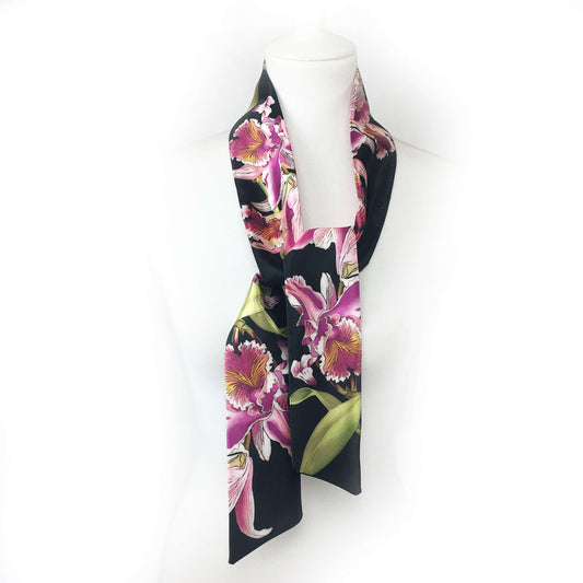 Orchids on Black,Skinny Scarf,Woman Scarf,All season scarf,Lightweight Scarf,ladies scarf,artist scarf,painted scarf,satin tie scarf
