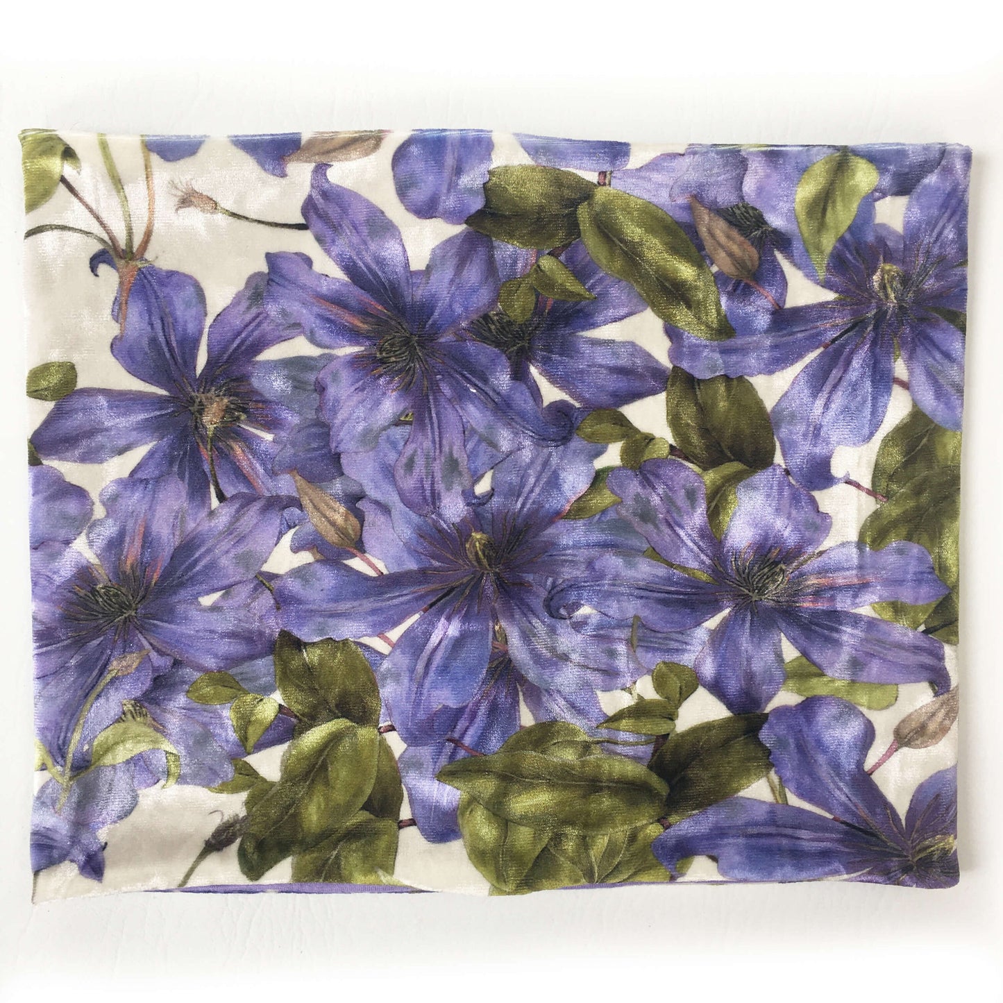 Periwinkle Clematis, Versatile Scarf, Headband, HatBand, Neck Warmer, Ladies Scarf, Velour Scarf, Designer Gaiter, Handpainted and printed