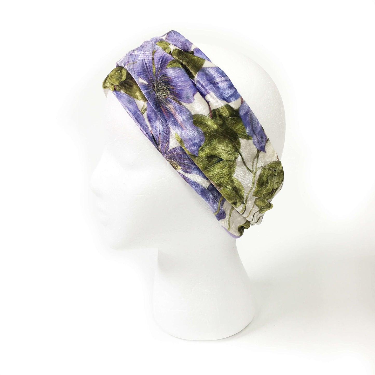 Periwinkle Clematis, Versatile Scarf, Headband, HatBand, Neck Warmer, Ladies Scarf, Velour Scarf, Designer Gaiter, Handpainted and printed