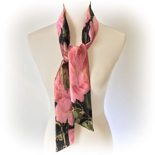 Scroll Rose Scarf,Skinny Scarf,Woman Scarf,All season scarf,Lightweight Scarf,ladies scarf,artist scarf,painted scarf,satin tie scarf
