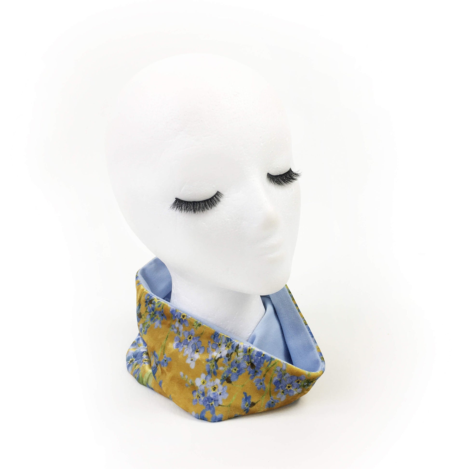 Forget-Me-Nots Mustard,Versatile Scarf, Headband, HatBand, Neck Warmer, Ladies Scarf, Velour Scarf, Designer Gaiter, Handpainted and printed
