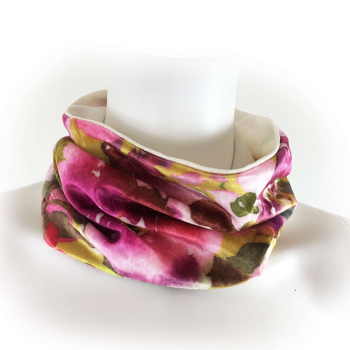 Fuschia Floral Scarf, Versatile Scarf, Headband, HatBand, Neck Warmer, Ladies Scarf, Velour Scarf, Designer Gaiter,Velour/Silky Soft Knit