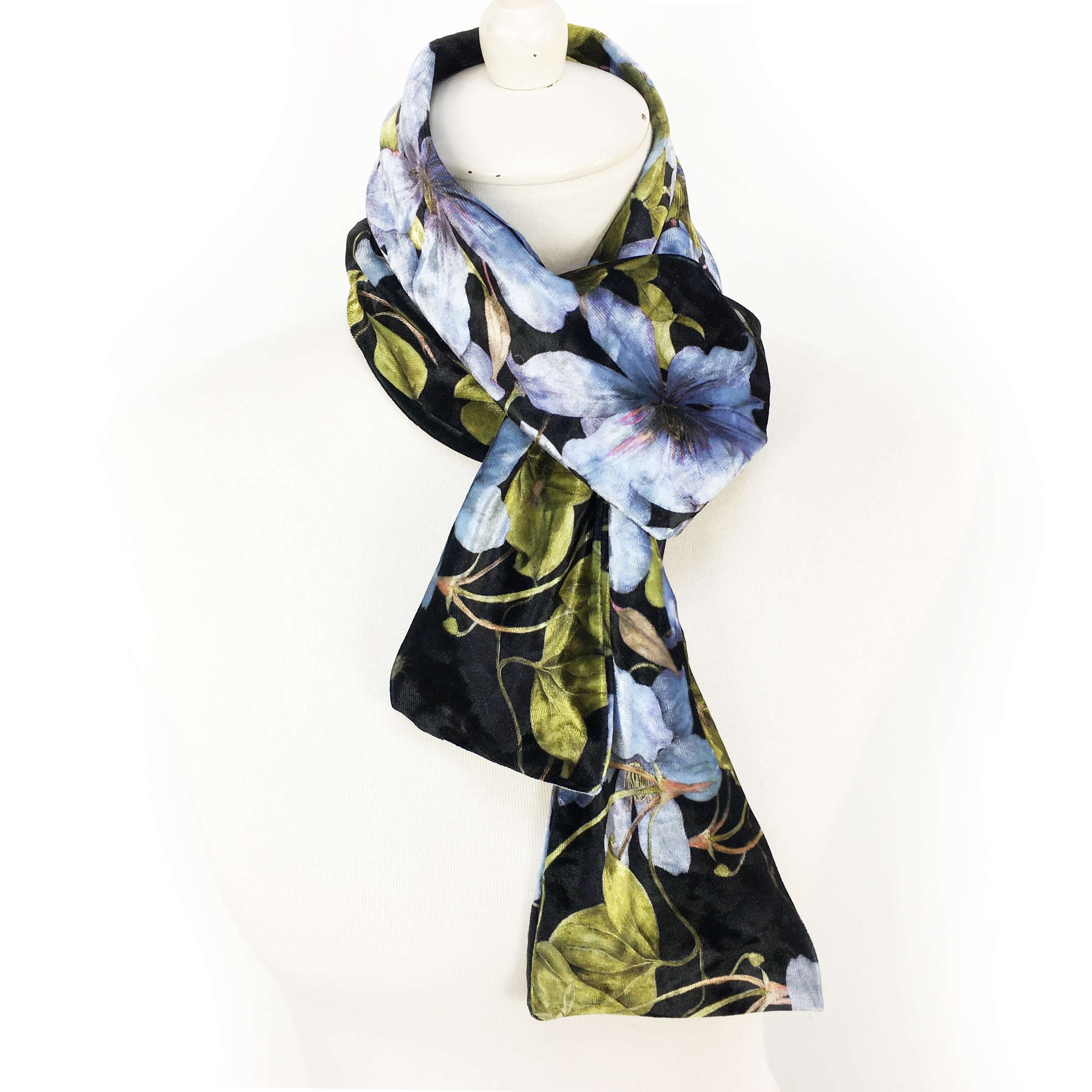 Denim Blue Clematis Velour Scarf, Womans Scarf, All season, Luminous Scarf, handmade artist scarf, Wear all day or evening