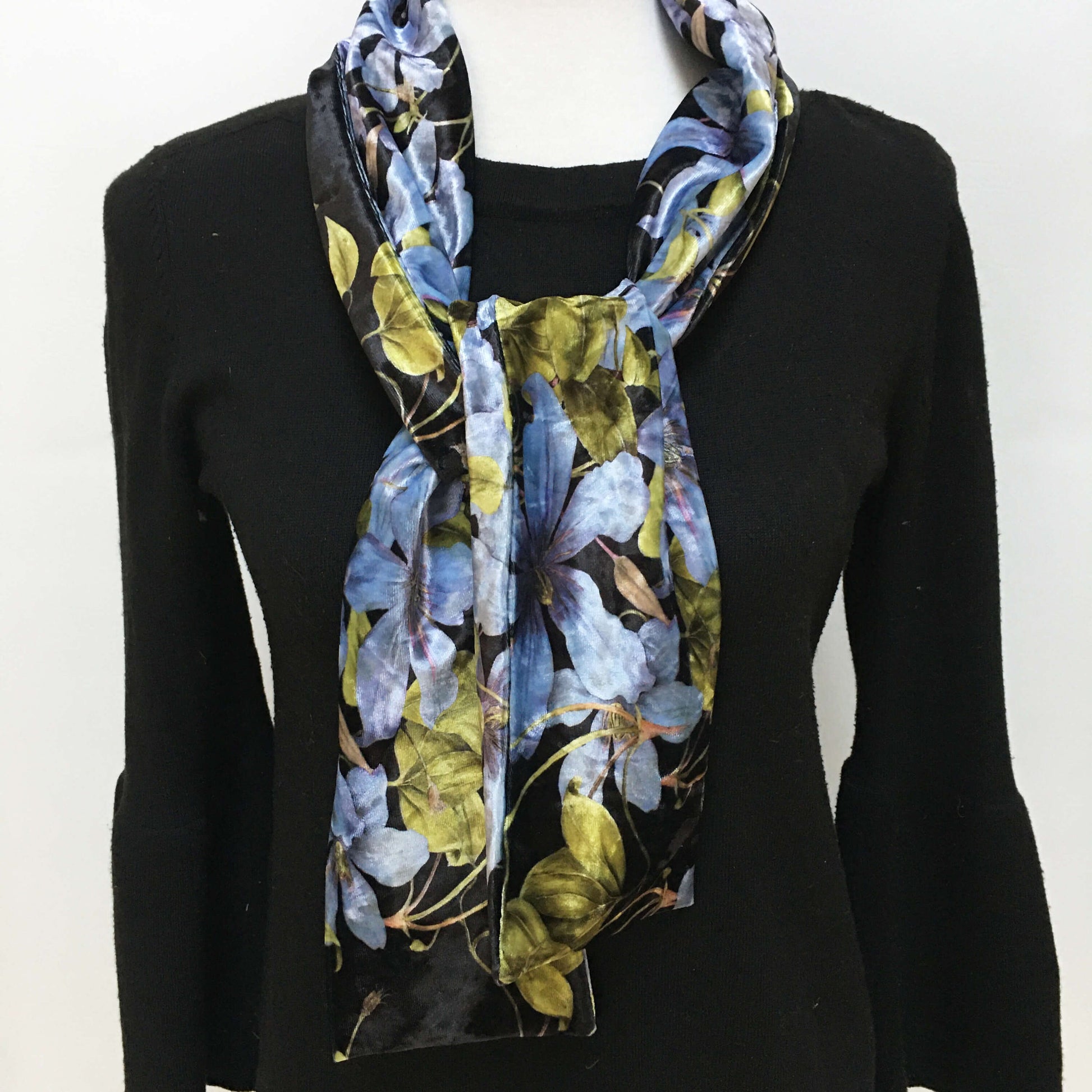 Denim Blue Clematis Velour Scarf, Womans Scarf, All season, Luminous Scarf, handmade artist scarf, Wear all day or evening