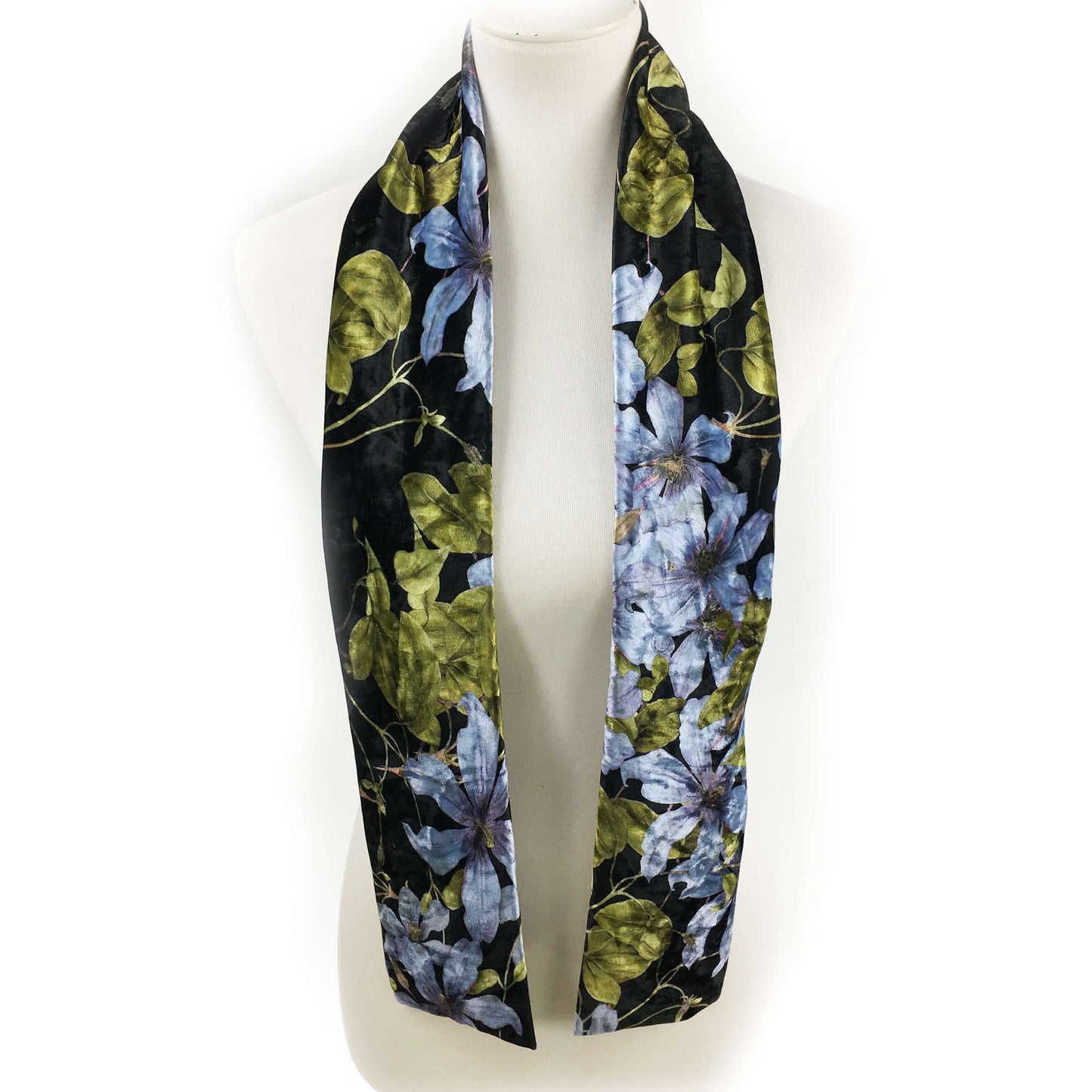 Denim Blue Clematis Velour Scarf, Womans Scarf, All season, Luminous Scarf, handmade artist scarf, Wear all day or evening