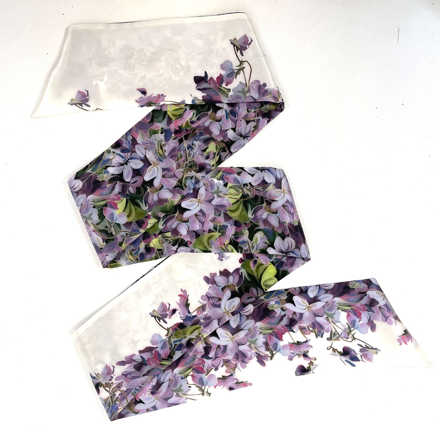 Pure Silk Violets Scarf, Womans Scarf, Hair Scarf, Neck Scarf, Headband, Designer Scarf, 100% Pure Silk