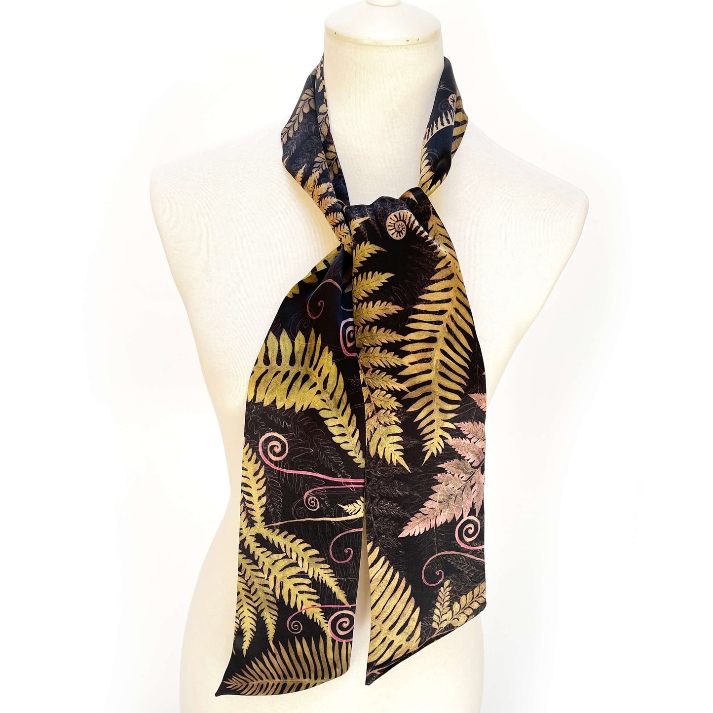 Pure Silk Scarf Ferns & Fiddleheads on Black, Womans Scarf, Hair Scarf, Neck Scarf, Headband, Designer Scarf, 100% Pure Silk