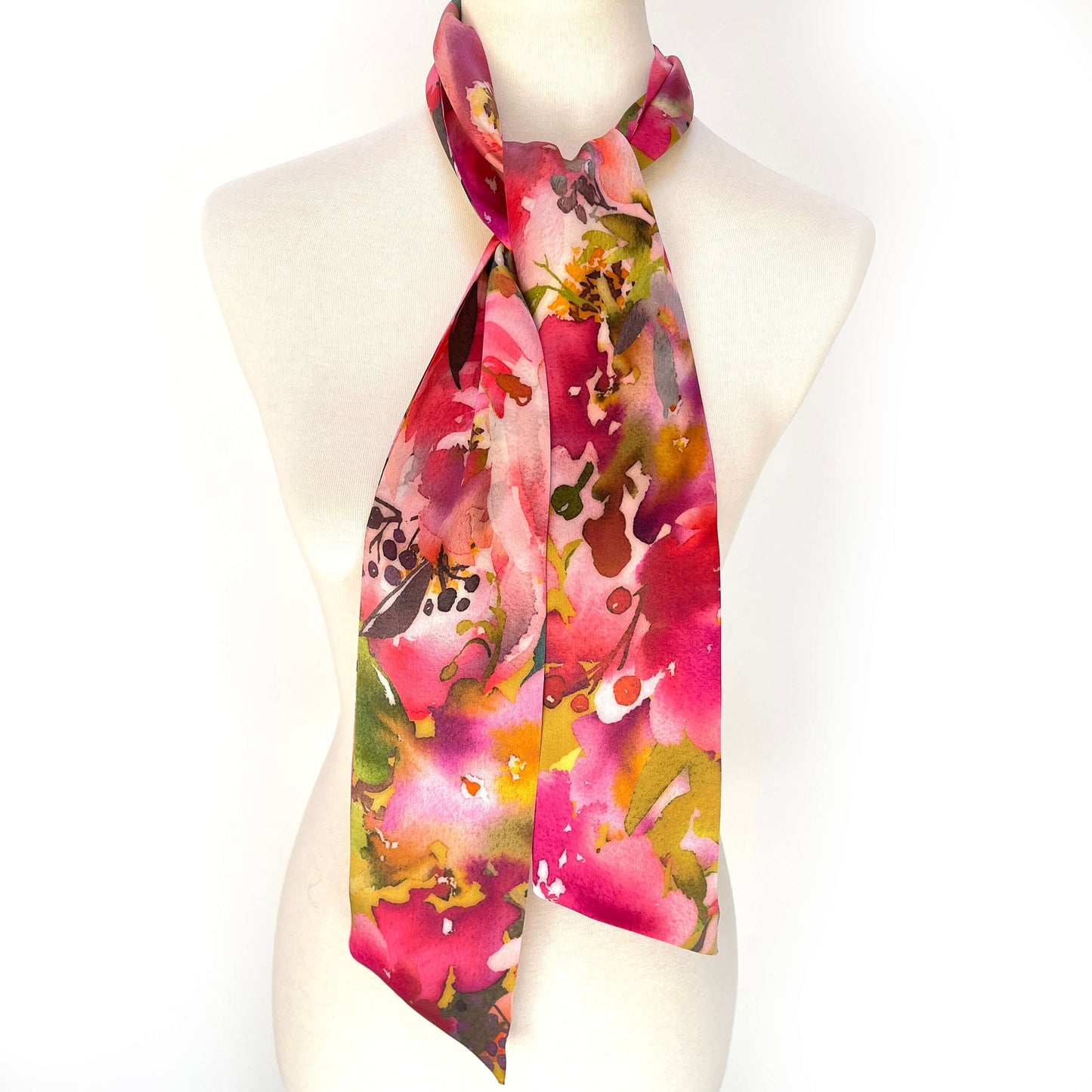 Pure Silk Scarf Fucshia Floral Watercolor, Womans Scarf, Hair Scarf, Neck Scarf, Headband, Designer Scarf, 100% Pure Silk