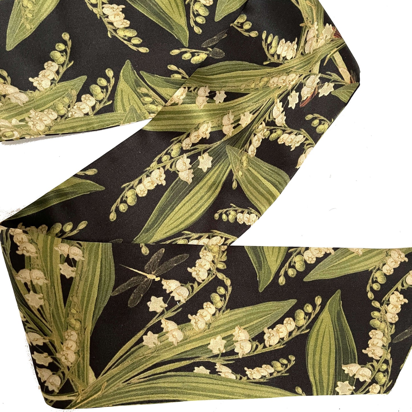Pure Silk Lily-of-the-Valley & Dragonfly Scarf, Womans Scarf, Hair Scarf, Neck Scarf, Headband, Designer Scarf, 100% Pure Silk