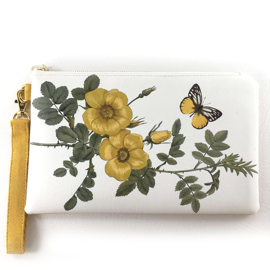 Wild Yellow Rose Vegan Leather Wristlet,Clutch,Ladies handbag, Botanical handbag,Flower handbag,hand painted handbag, Floral bag,madeinUSA