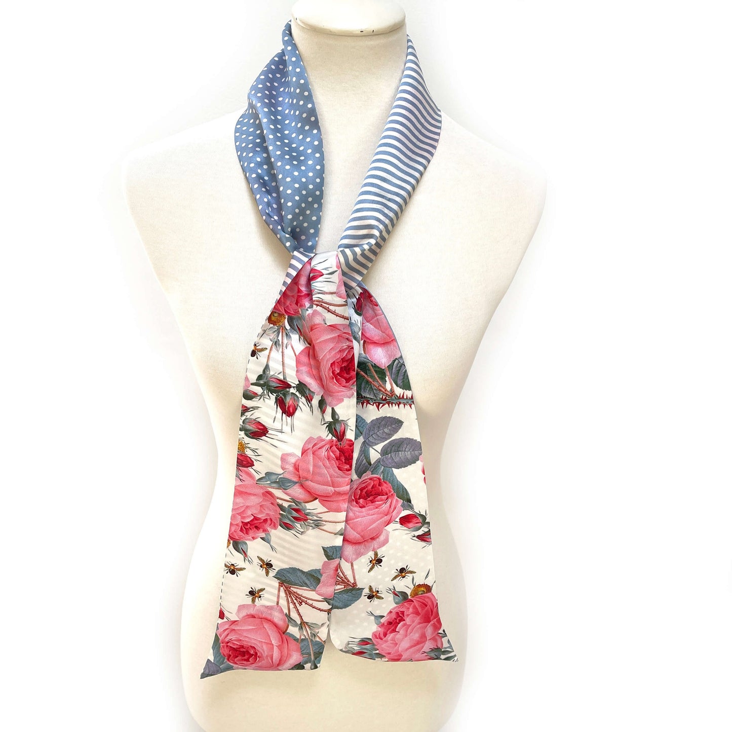 Pure Silk Scarf, Roses, Stripes and Dots Scarf, Hair Scarf, Neck Scarf, Headband, Designer Scarf, 100% Pure Silk