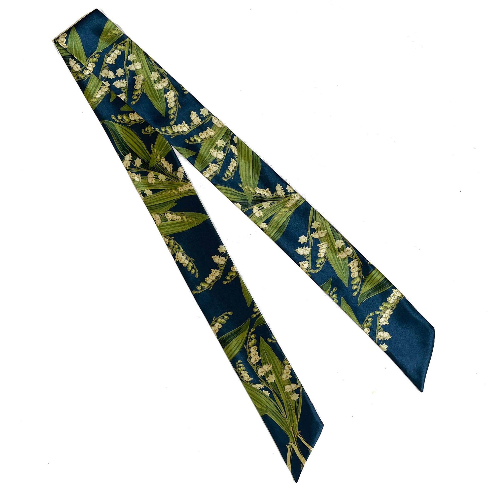 Navy Lily-of-the-Valley Skinny Scarf,Woman Scarf, All season scarf, Lightweight Scarf,ladies scarf, artist scarf, floral scarf, satin scarf