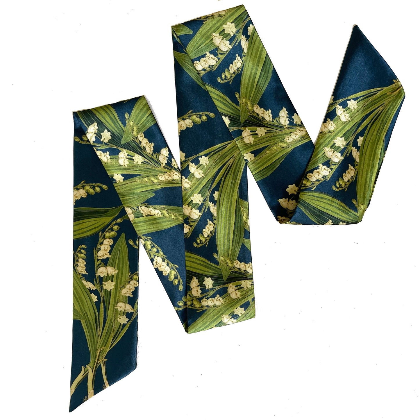 Navy Lily-of-the-Valley Skinny Scarf,Woman Scarf, All season scarf, Lightweight Scarf,ladies scarf, artist scarf, floral scarf, satin scarf