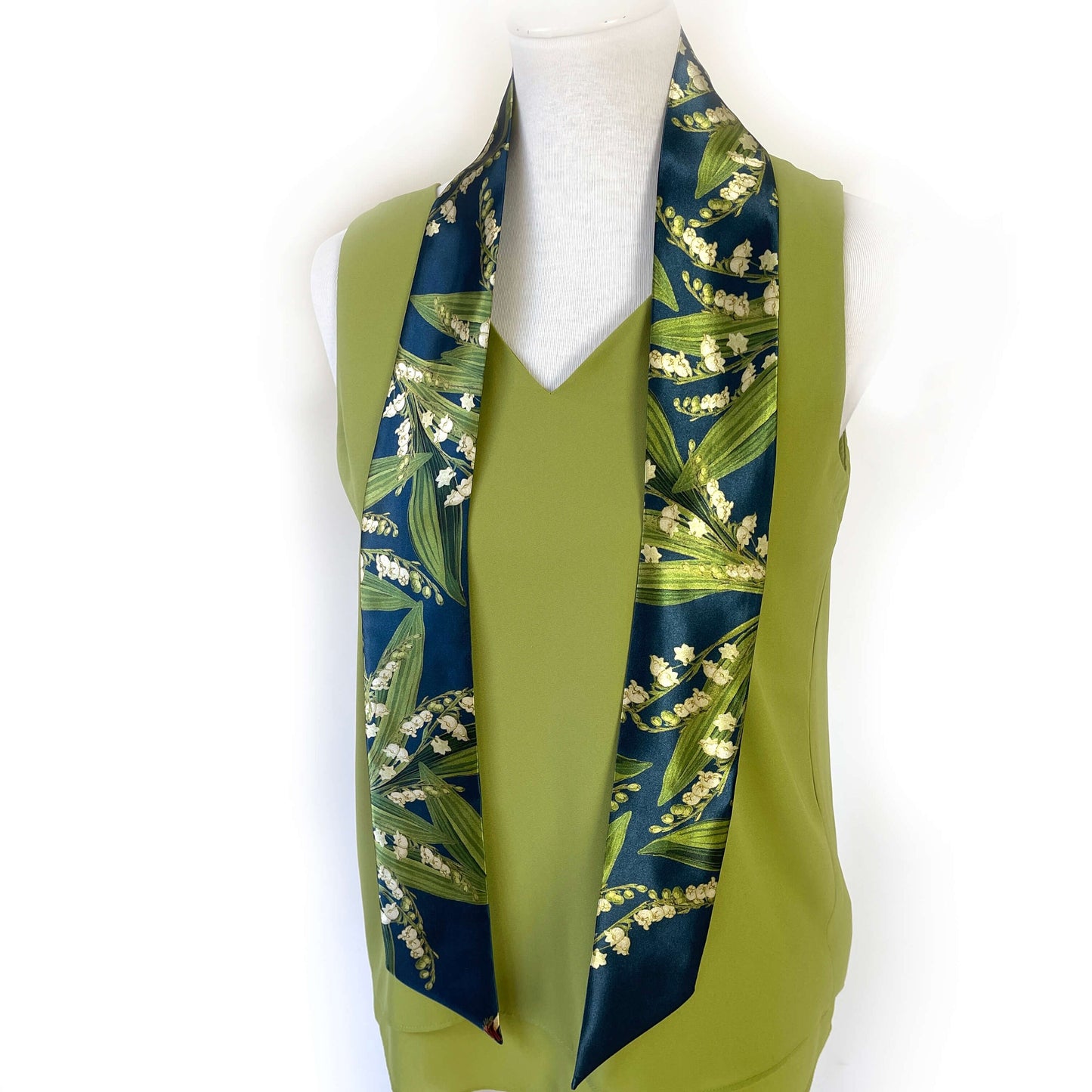 Navy Lily-of-the-Valley Skinny Scarf,Woman Scarf, All season scarf, Lightweight Scarf,ladies scarf, artist scarf, floral scarf, satin scarf