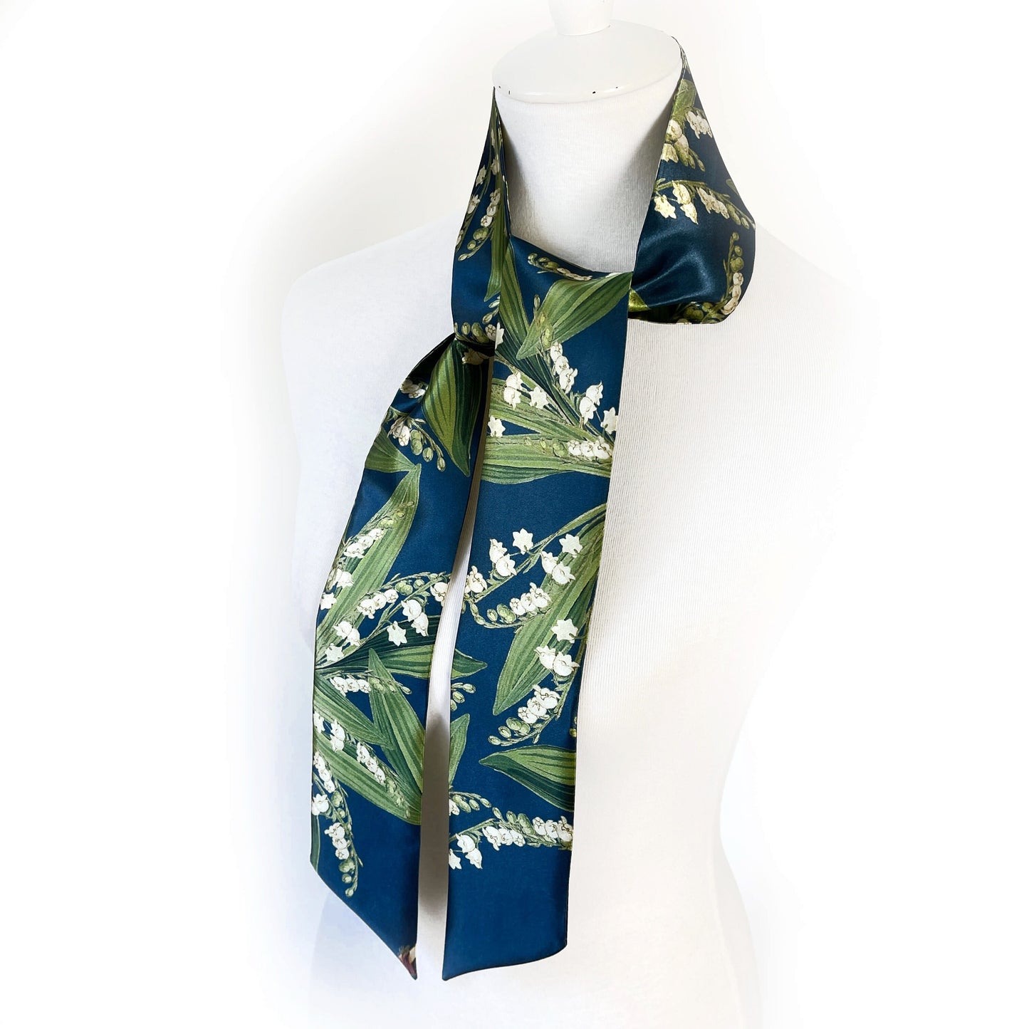 Navy Lily-of-the-Valley Skinny Scarf,Woman Scarf, All season scarf, Lightweight Scarf,ladies scarf, artist scarf, floral scarf, satin scarf