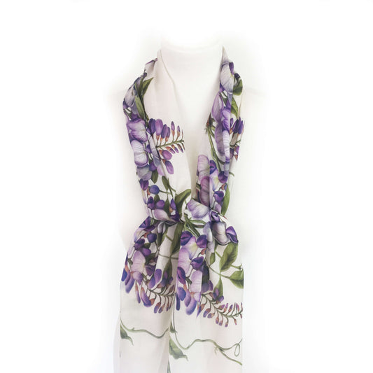 Divine Vines on white floral scarf - natural linen look - UndertheLeafDesigns.com