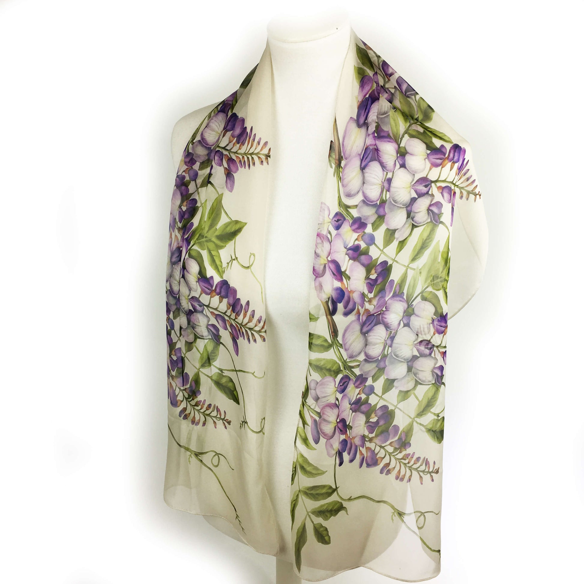 Wisteria floral chiffon scarf on soft white - UndertheLeafDesigns.com