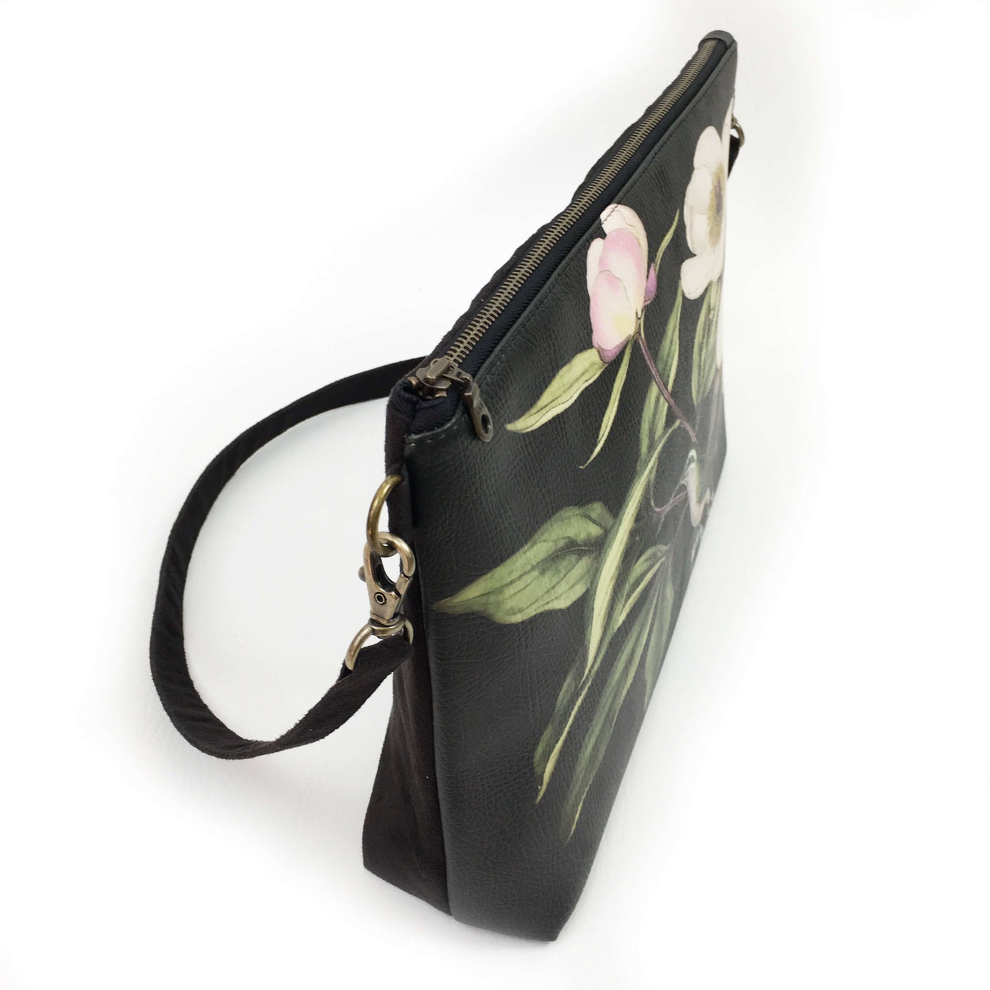 White Peonies and Hummingbird Zip Top Shoulder Bag - Vegan Leather/ Suede - UndertheLeafDesigns.com