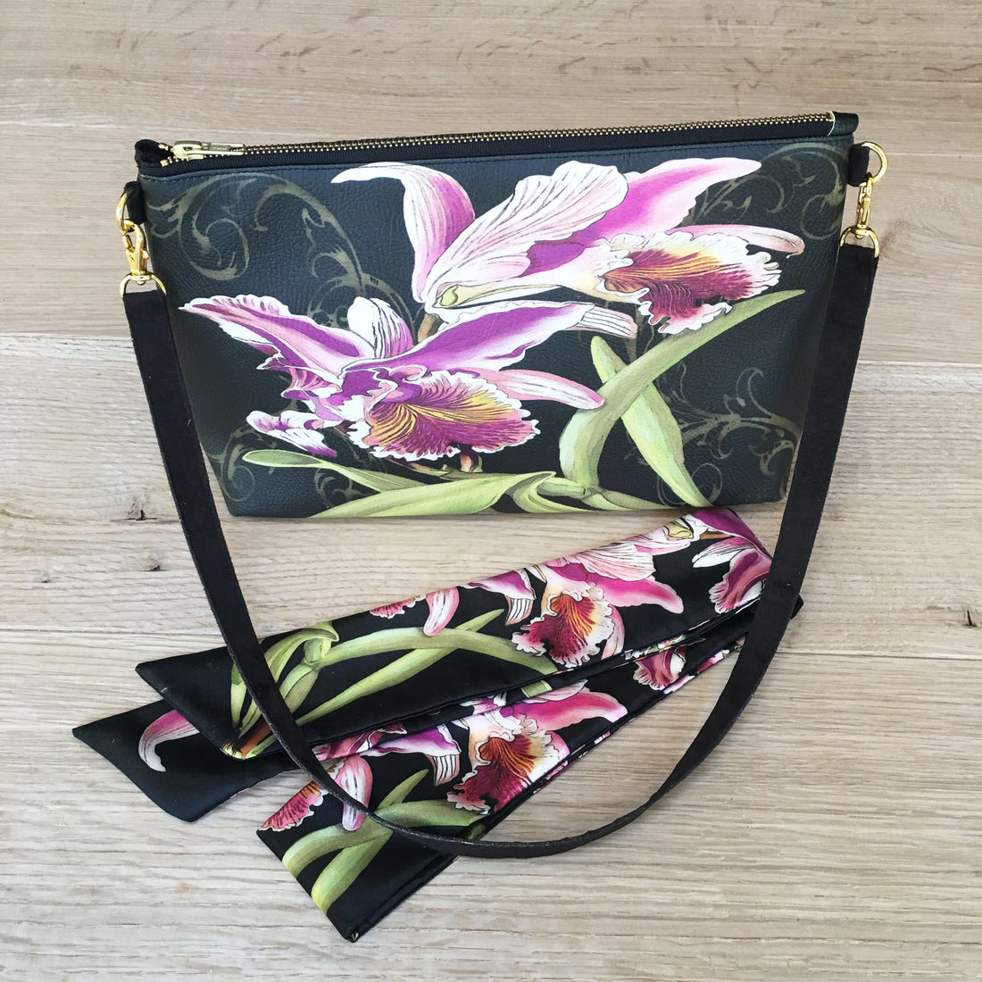 Orchids on black zip top hand bag and matching scarf