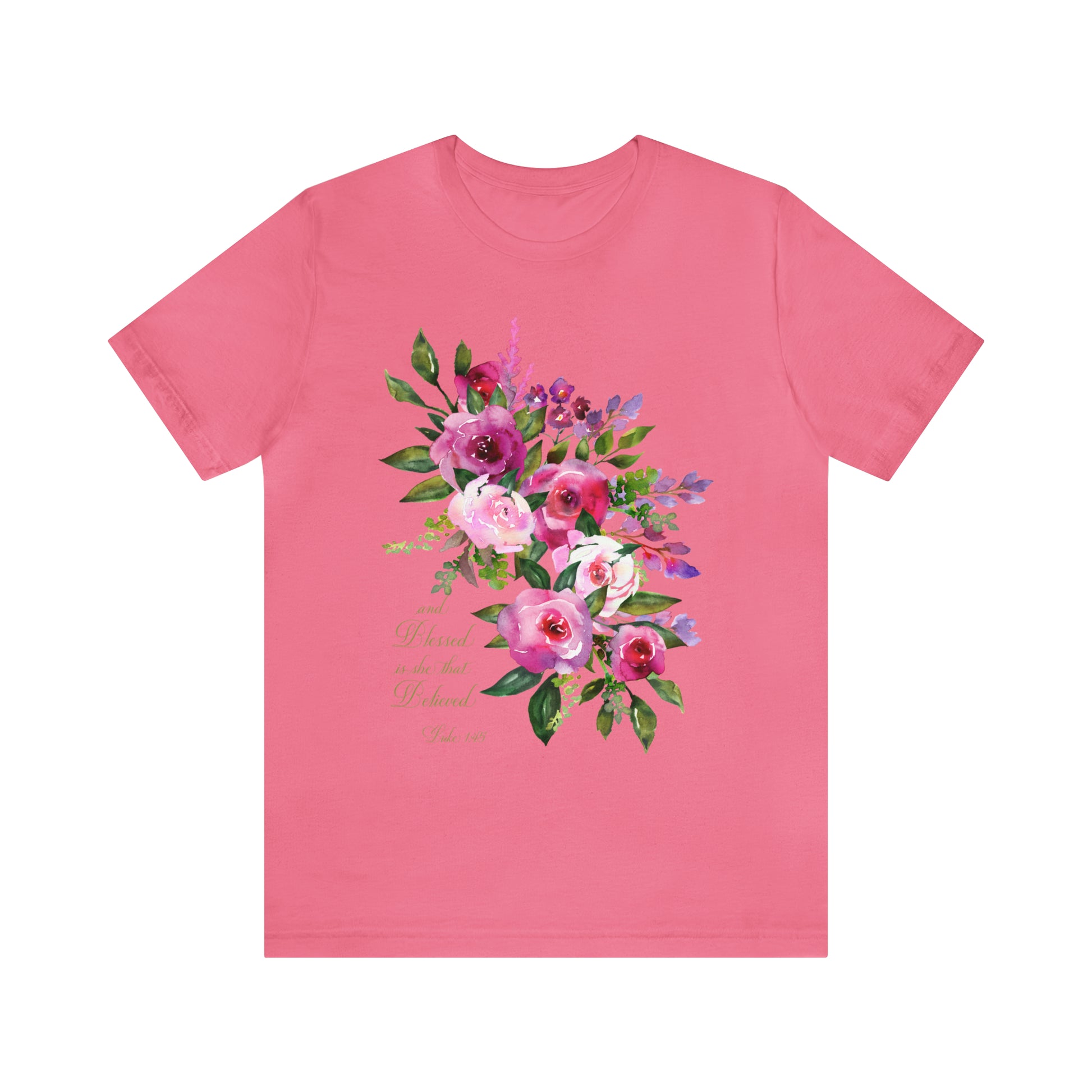 Ladies Floral Watercolor Short Sleeve Tee "Blessed is She"