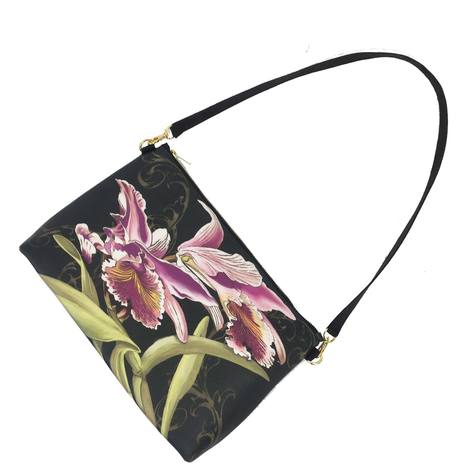 Orchids on Black Zip Top Shoulder Bag - Vegan Leather/ Suede - UndertheLeafDesigns.com