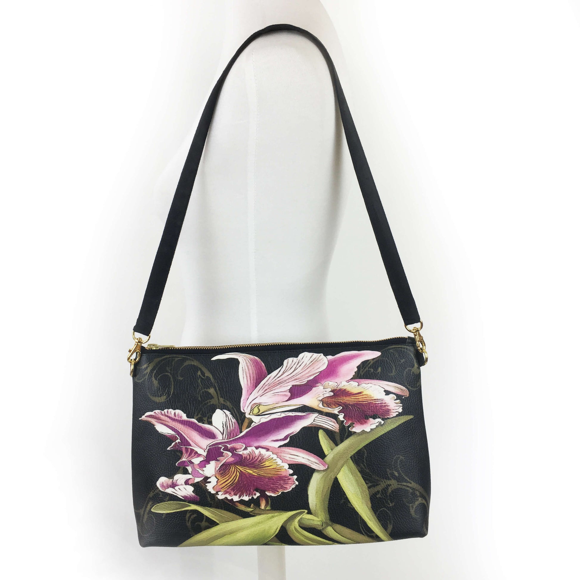 Orchids on Black Zip Top Shoulder Bag - Vegan Leather/ Suede - UndertheLeafDesigns.com