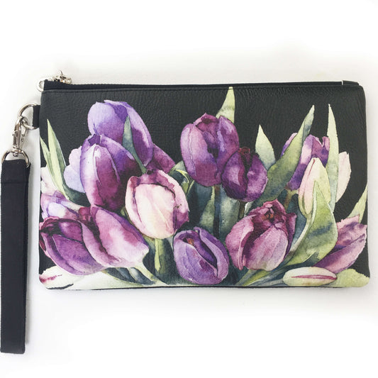 Purple watercolor tulips on black wristlet - vegan leather/suede - UndertheLeafDesigns.com