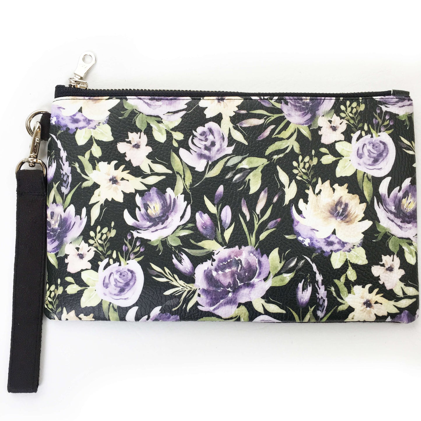 Watercolor mixed floral on black wristlet - vegan leather/suede - UndertheLeafDesigns.com