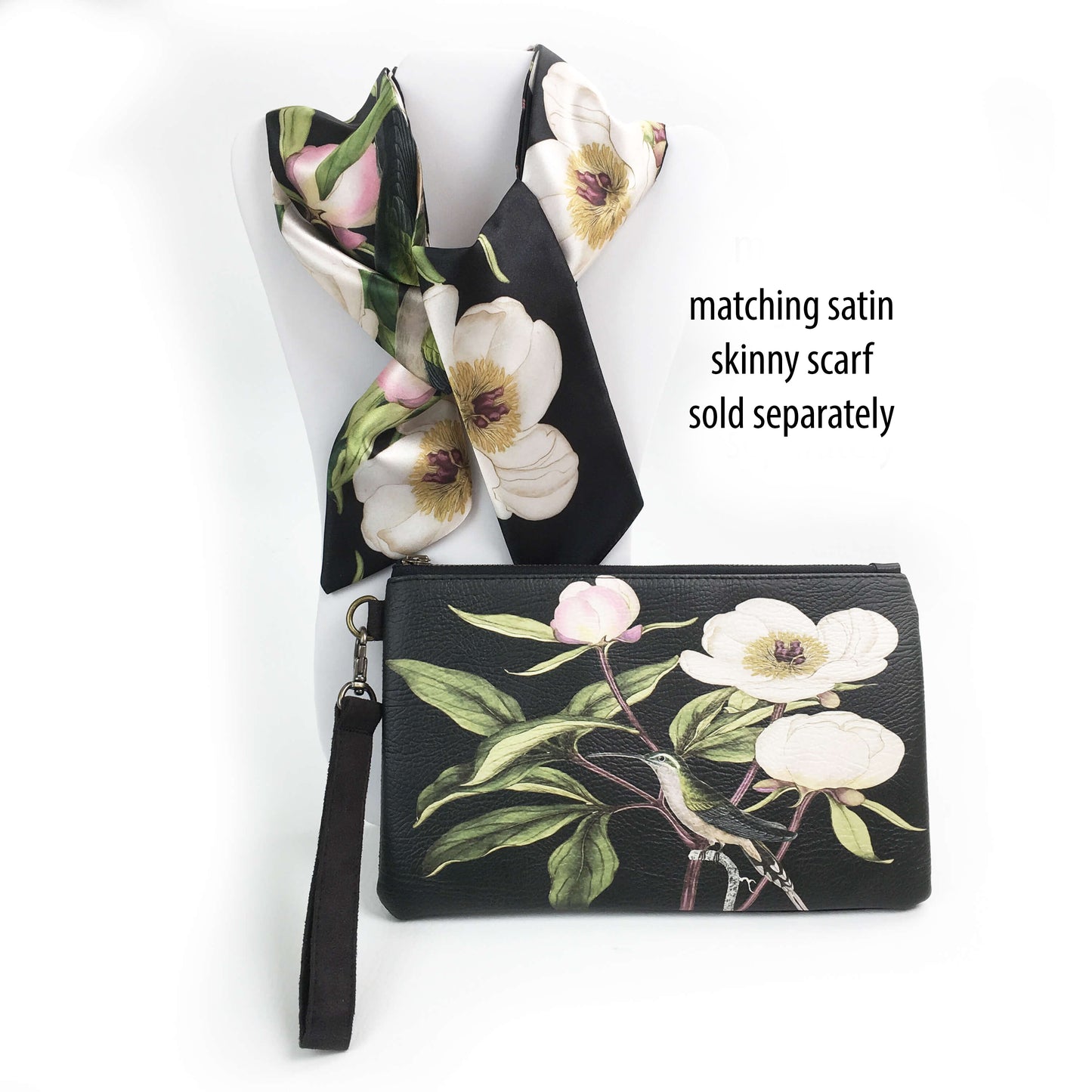 Vegan Leather Wristlet,Clutch,Peony and Hummingbird Ladies handbag,Botanical handbag,Flower handbag,hand painted, botanical bag,madeinUSA
