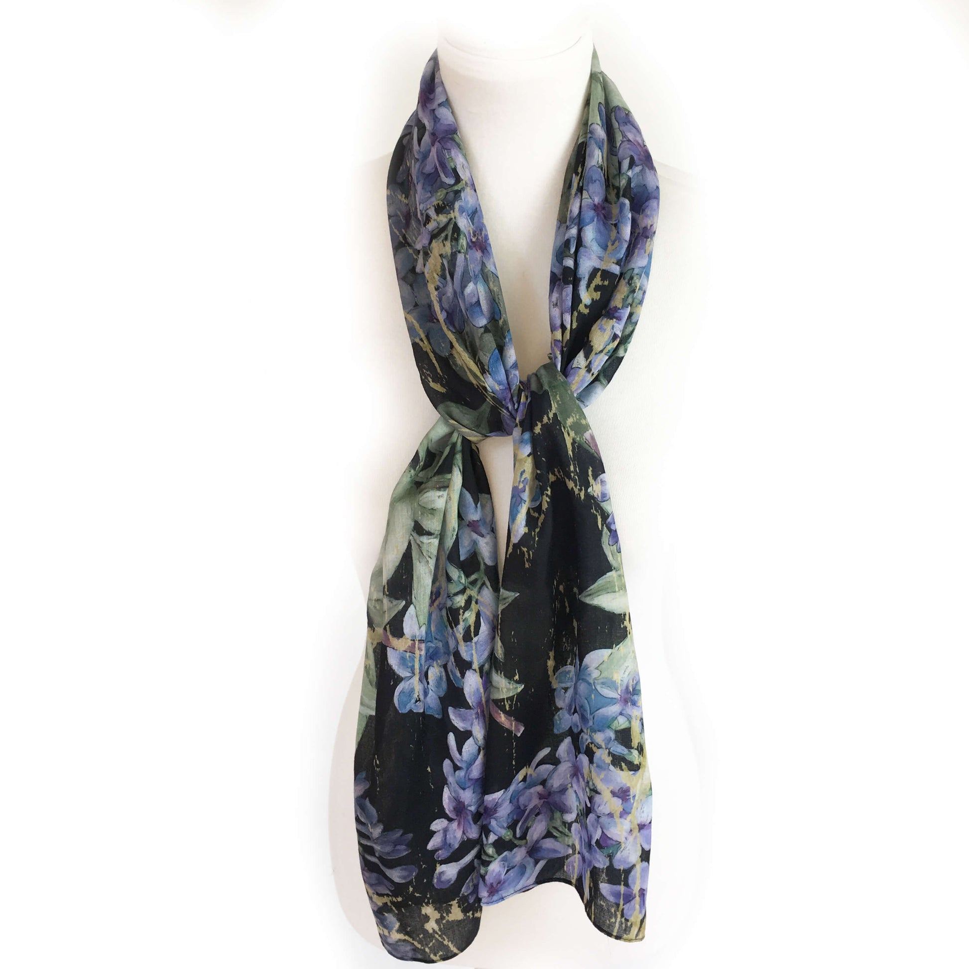 Lilacs on Black Scarf - Natural Linen Look - UndertheLeafDesigns.com