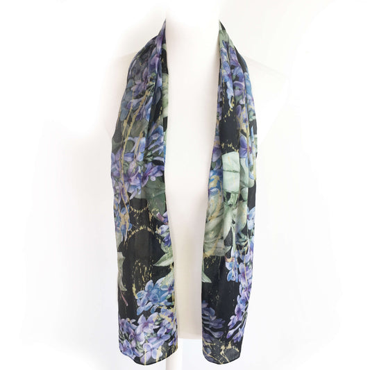 Lilacs on Black Scarf - Natural Linen Look - UndertheLeafDesigns.com