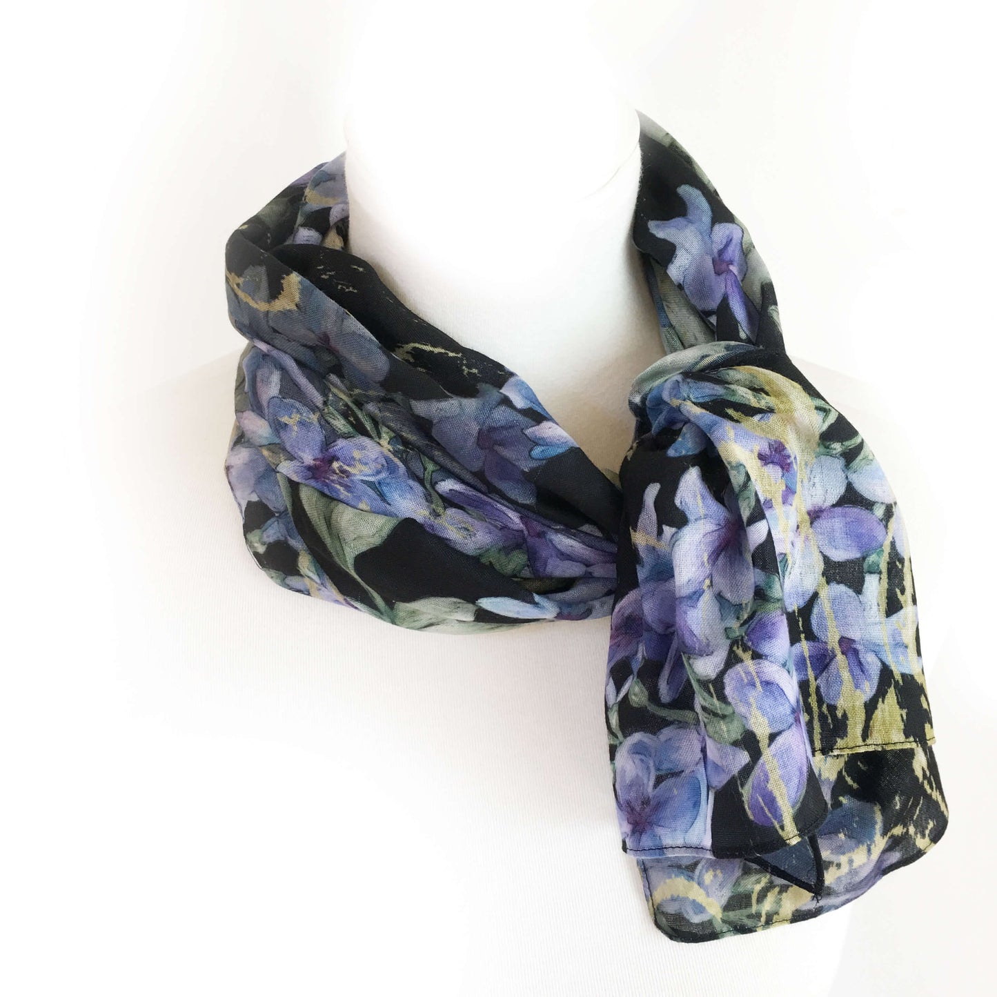 Lilacs on Black Scarf - Natural Linen Look - UndertheLeafDesigns.com