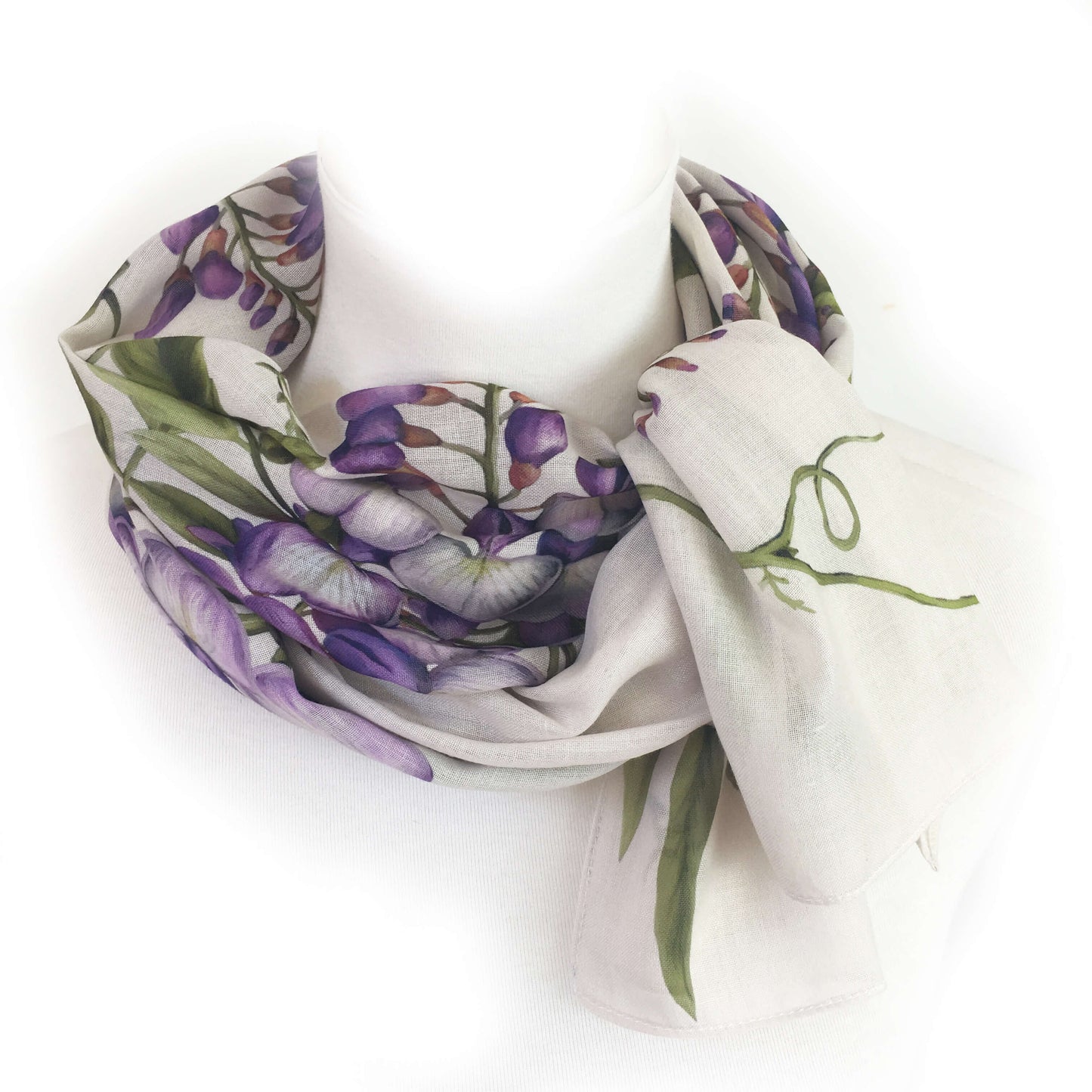 Divine Vines on white floral scarf - natural linen look - UndertheLeafDesigns.com