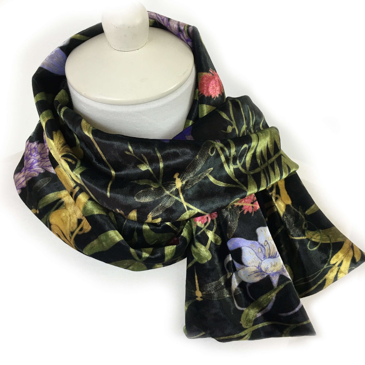 Wildflower Garden Scarf on Black - All season velour - UndertheLeafDesigns.com