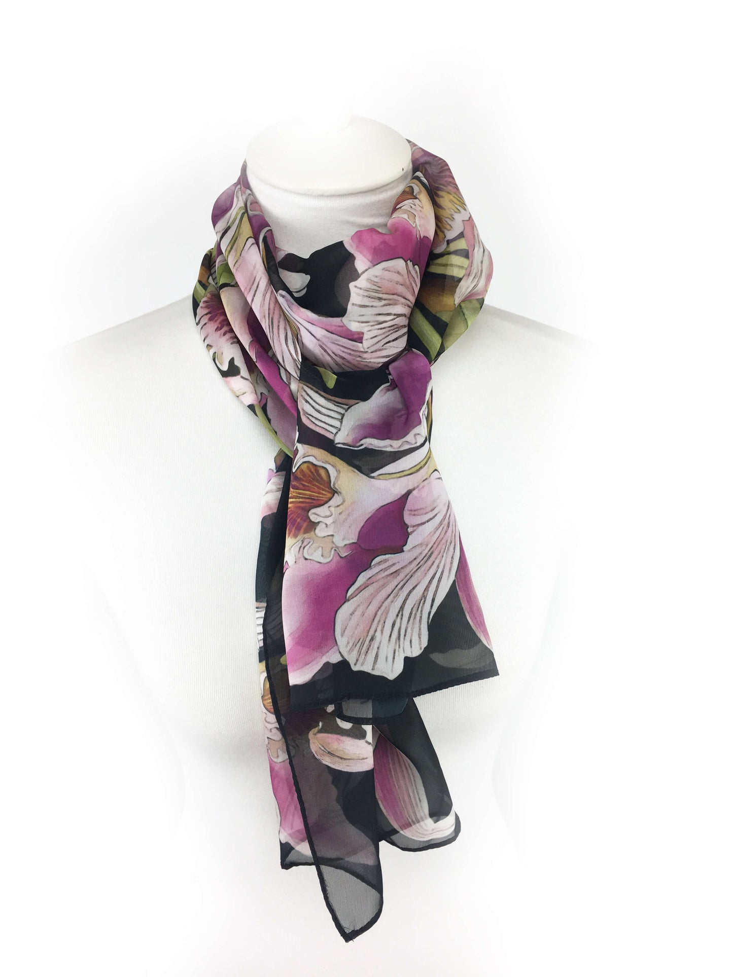 Orchids on Black Chiffon Scarf - UndertheLeafDesigns.com