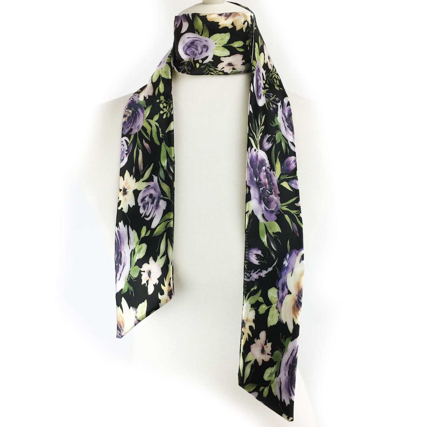 Watercolor mixed floral skinny scarf on black - UndertheLeafDesigns.com