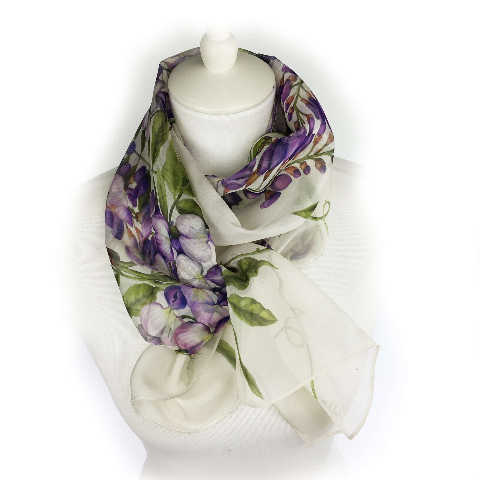 Wisteria floral chiffon scarf on soft white - UndertheLeafDesigns.com